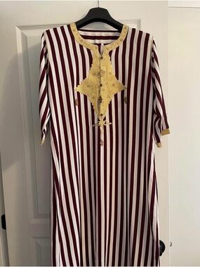 Moroccan Striped Maroon and White Embroidered Women's Dress